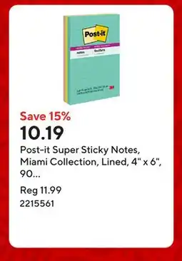 Staples Post-it Super Sticky Notes, Miami Collection, Lined, 4 x 6, 90 Sheets/Pad, 3 Pads/Pack offer