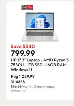 Staples HP 17.3 Laptop - AMD Ryzen 5 7530U - 1TB SSD - 16GB RAM - Windows 11 offer