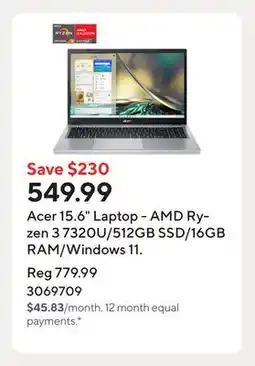 Staples Acer 15.6 Laptop - AMD Ryzen 3 7320U/512GB SSD/16GB RAM/Windows 11 offer