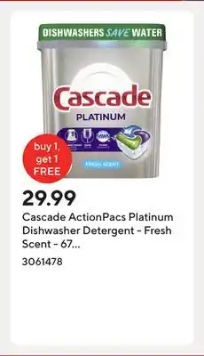 Staples Cascade ActionPacs Platinum Dishwasher Detergent - Fresh Scent - 67 Pack offer