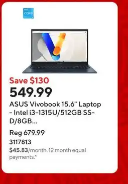 Staples ASUS Vivobook 15.6 Laptop - Intel i3-1315U/512GB SSD/8GB RAM/Windows 11 Home offer