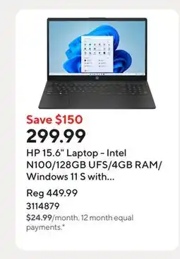 Staples HP 15.6 Laptop - Intel N100/128GB UFS/4GB RAM/Windows 11 S with 1-year of Microsoft 365 offer