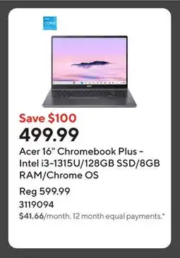 Staples Acer 16 Chromebook Plus - Intel i3-1315U/128GB SSD/8GB RAM/Chrome OS offer