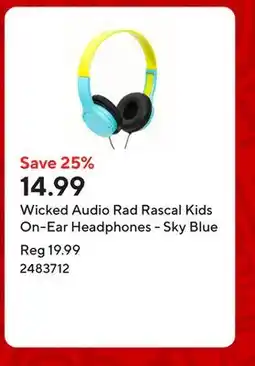 Staples Wicked Audio Rad Rascal Kids On-Ear Headphones - Sky Blue offer