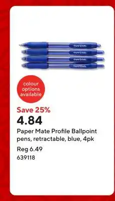 Staples Paper Mate Profile Ballpoint pens, retractable, blue, 4pk offer