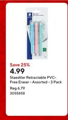Staples Staedtler Retractable PVC-Free Eraser - Assorted - 3 Pack offer