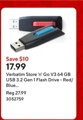 Staples Verbatim Store 'n' Go V3 64 GB USB 3.2 Gen 1 Flash Drive - Red/Blue - 2 Pack offer