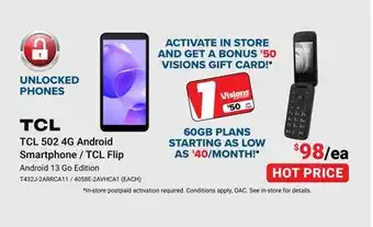 Visions Electronics TCL 502 4G Android Smartphone / TCL Flip offer