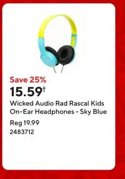 Staples Wicked Audio Rad Rascal Kids On-Ear Headphones - Sky Blue offer