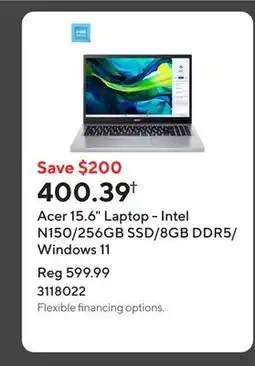 Staples Acer 15.6 Laptop - Intel N150/256GB SSD/8GB DDR5/Windows 11 offer