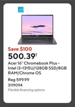 Staples Acer 16 Chromebook Plus - Intel i3-1315U/128GB SSD/8GB RAM/Chrome OS offer