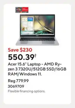 Staples Acer 15.6 Laptop - AMD Ryzen 3 7320U/512GB SSD/16GB RAM/Windows 11 offer