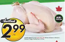 Sobeys Compliments fresh air-chilled whole chicken or bone-in chicken thighs family size offer