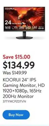 Walmart KOORUI 24" IPS Gaming Monitor, HD 1920×1080p, 165Hz 200Hz Monitor offer