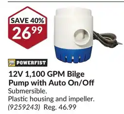 Princess Auto 12V 1,100 GPM Bilge Pump with Auto On/Off offer