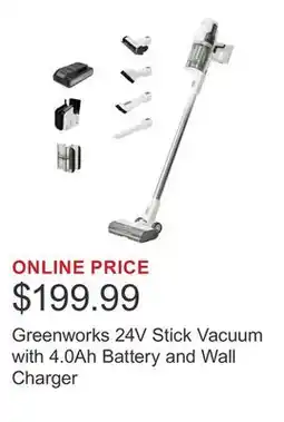 Costco Greenworks 24V Stick Vacuum with 4.0Ah Battery and Wall Charger offer