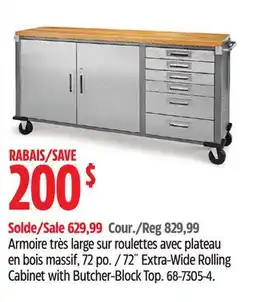 Canadian Tire Mastercraft 72˝ Extra-Wide Rolling Cabinet with Butcher-Block Top offer