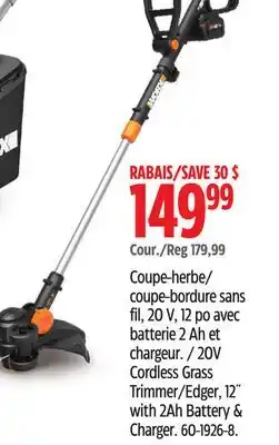 Canadian Tire Worx 20V Cordless Grass Trimmer/Edger, 12 with 2Ah Battery & Charger offer