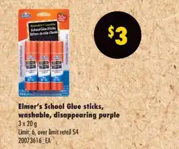 No Frills ELMER'S SCHOOL GLUE STICKS, WASHABLE, DISAPPEARING PURPLE, 3 X 20 G offer