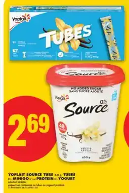 No Frills YOPLAIT SOURCE TUBS 630 g, TUBES, 8's, MINIGO 6's or PROTEIN 4's YOGURT offer