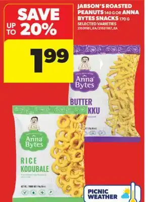 Real Canadian Superstore JABSON'S ROASTED PEANUTS 140 G OR ANNA BYTES SNACKS 170 G offer