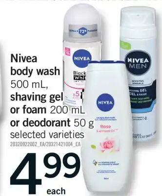 Fortinos NIVEA BODY WASH 500 ML, SHAVING GEL OR FOAM 200 ML OR DEODORANT 50 G offer