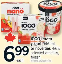 Fortinos IÖGO FROZEN YOGURT YOGURT 946 ML OR NOVELTIES 4/6'S offer