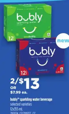 Loblaws BUBLY SPARKLING WATER BEVERAGE, 12x355 mL offer