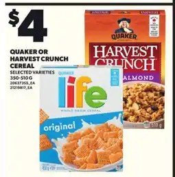 Loblaws QUAKER OR HARVEST CRUNCH CEREAL, 350-510 G offer