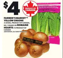 Loblaws FARMER'S MARKET YELLOW ONIONS, 3 LB BAG, ROMAINE HEARTS, 3'S offer