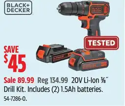 Canadian Tire Black+ Decker 20V Li-Ion 3⁄8˝ Drill Kit offer