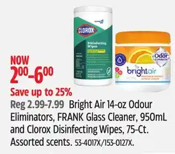 Canadian Tire Bright Air 14-oz Odour Eliminators, FRANK Glass Cleaner, 950mL and Clorox Disinfecting Wipes offer