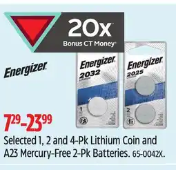 Canadian Tire Energizer Selected 1, 2 and 4-Pk Lithium Coin and A23 Mercury-Free 2-Pk Batteries offer