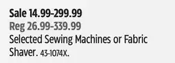 Canadian Tire T-fal Selected Sewing Machines or Fabric Shaver offer