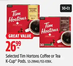 Canadian Tire Selected Tim Hortons Coffee or Tea K-Cup Pods offer