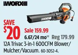 Canadian Tire WORX 12A Trivac 3-in-1 600CFM Blower/ Mulcher/Vacuum offer
