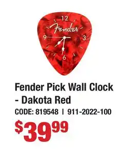 Long & McQuade Fender Pick Wall Clock - Dakota Red offer