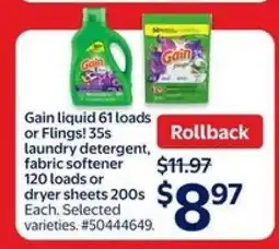 Walmart Gain liquid 61 loads or Flings! 35s offer