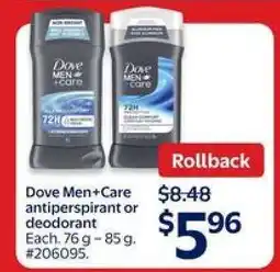 Walmart Dove Men+Care antiperspirant or deodorant offer