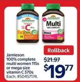 Walmart Jamieson 100% Complete Multi Women 115s or Mega Size Vitamin C 370s offer
