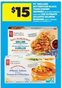 Real Canadian Superstore PC Grilling Butterflied Black Tiger Shrimp or The Ultimate Atlantic Salmon Burgers offer