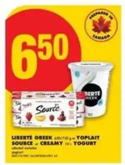 No Frills LIBERTÉ GREEK or YOPLAIT SOURCE – CREAMY Yogurt offer