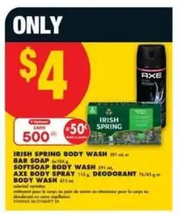 No Frills Irish Spring Body Wash, Bar Soap, Softsoap Body Wash, Axe Body Spray, Deodorant Body Wash offer