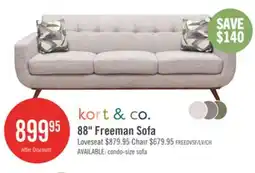 The Brick Kort & Co. Freeman 88 Linen-Look Fabric Sofa with Wood Base and Tufted Back Cushions - Dove White offer