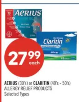 Shoppers Drug Mart AERIUS (30's) or CLARITIN (40's - 50's) ALLERGY RELIEF PRODUCTS offer