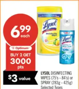 Shoppers Drug Mart LYSOL DISINFECTING WIPES (75's - 84's) or SPRAY (283g - 425g) offer
