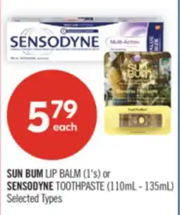 Shoppers Drug Mart SUN BUM LIP BALM (1's) or SENSODYNE TOOTHPASTE (110mL - 135mL) offer
