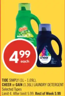 Shoppers Drug Mart TIDE SIMPLY (1L - 1.09L), CHEER or GAIN (1.36L) LAUNDRY DETERGENT offer