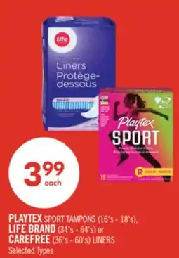 Shoppers Drug Mart PLAYTEX SPORT TAMPONS (16's - 18's), LIFE BRAND (34's - 64's) or CAREFREE (36's - 60's) LINERS offer