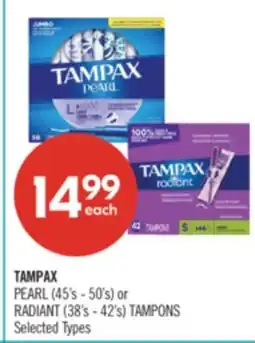 Shoppers Drug Mart TAMPAX PEARL (45's - 50's) or RADIANT (38's - 42's) TAMPONS offer